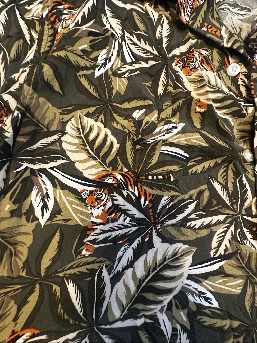 Men's Olive Green Tropical with Tigers Print Short Sleeve Shirt